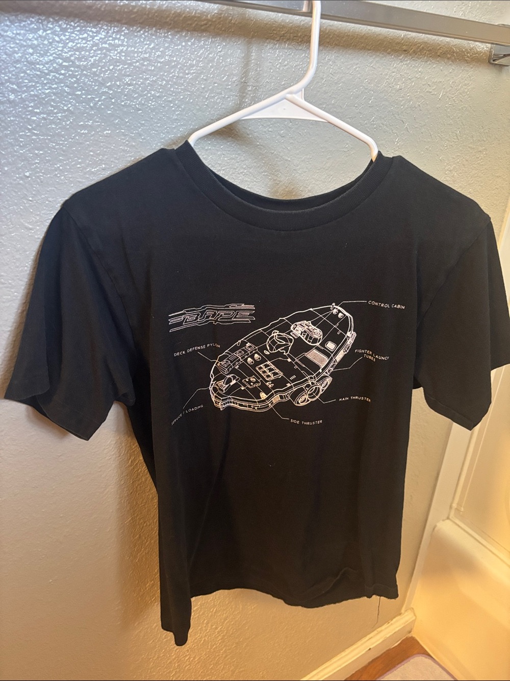 Bape Black Graphic Men’s T-Shirt with White Technical Ship Illustration